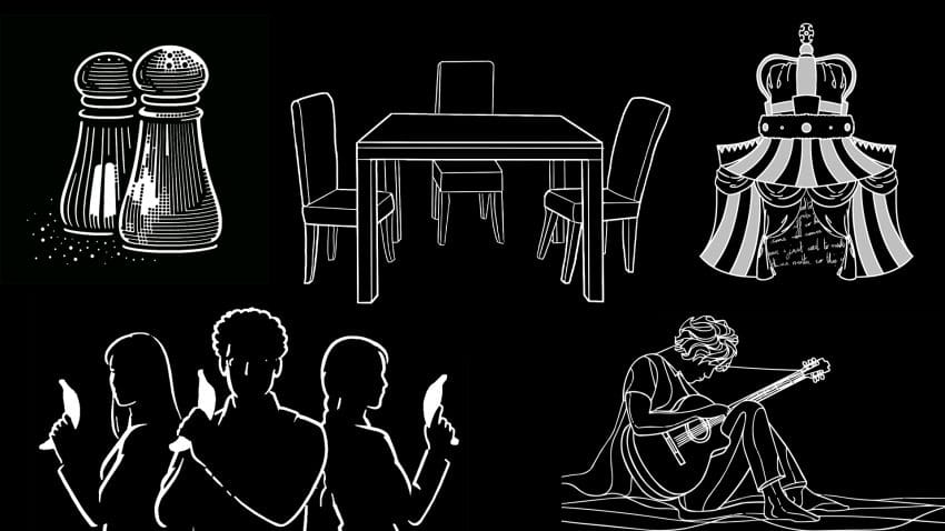 Black background with various white drawings, including three people looking at their phones, a circus tent and a table with chairs.