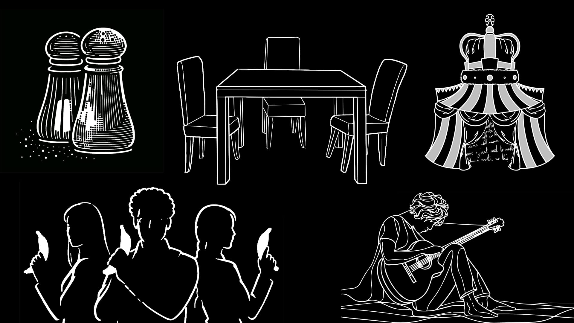 Black background with various white drawings, including three people looking at their phones, a circus tent and a table with chairs.