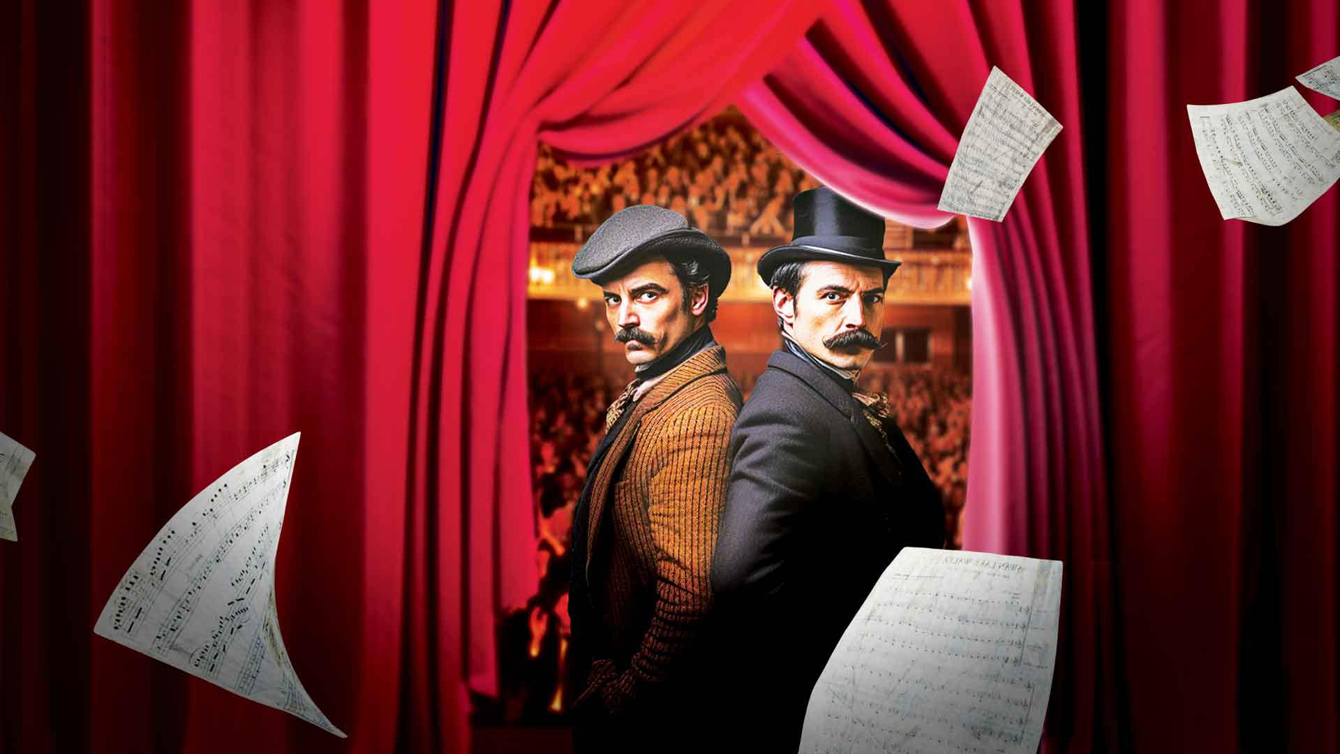 Two men in suits and top hats stand between a red show-curtain with paper flying around them.