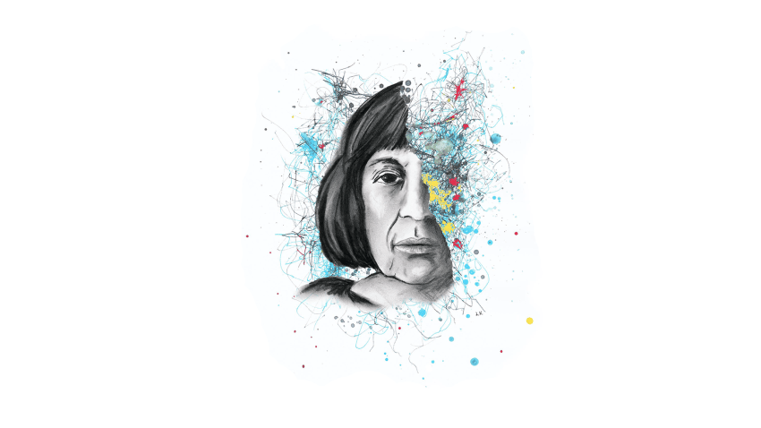 Drawing shows half a woman's face, with the other side made up of colourful lines and paint splatters.