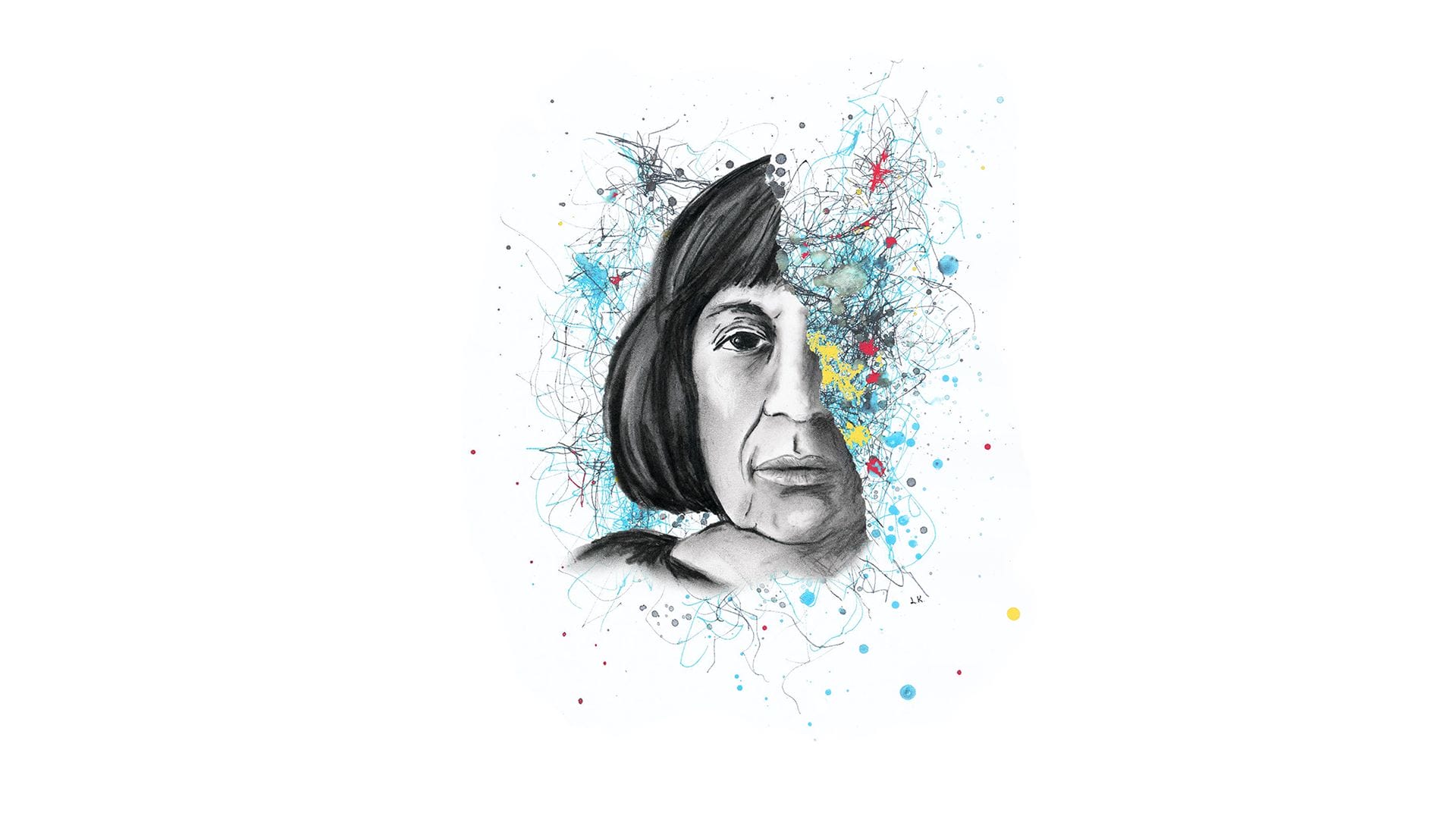 Drawing shows half a woman's face, with the other side made up of colourful lines and paint splatters.