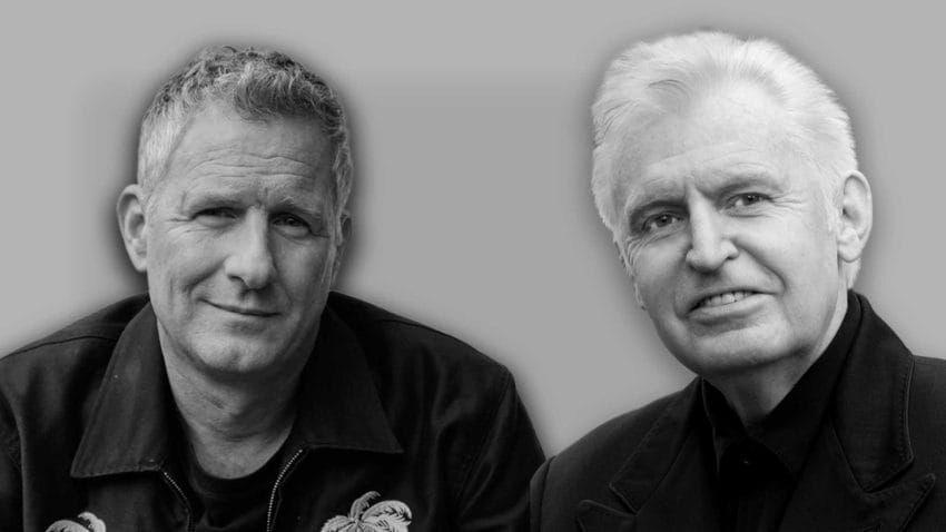 Headshots of Adam Hills and Mike McCartney with a black and white overlay.