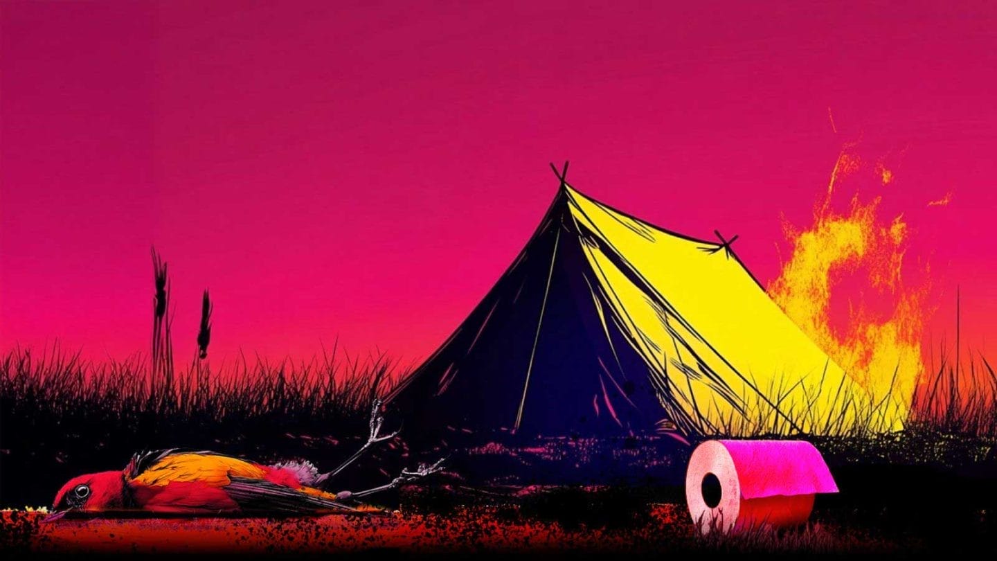 An image of a tent. In front of it is a dead bird and a roll of loo paper.