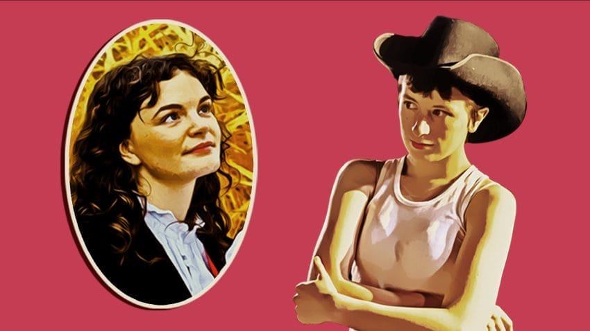Cartoonish - woman with cowboy hat on with arms crossed looking at a picture of a woman who is looking up at the sky.