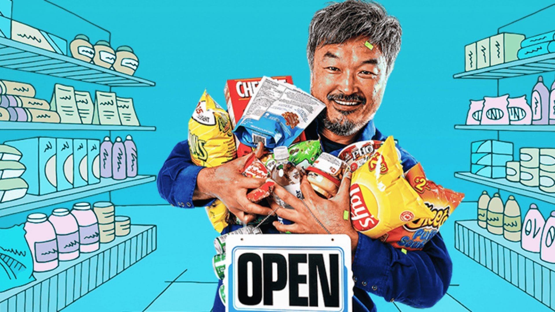 A man stands centrally, smiling, his hands overflowing with snacks you'd find in a convenience store, along with a a sign that reads 'open'. The background is flooded with sky blue. with shelves full of grocery items, all of which is cartoonish.