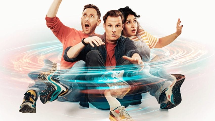 Three people, two men and a woman, sit together, scared and worried in a chaotic and unknown situation, surrounded by illuminations of blue and orange.